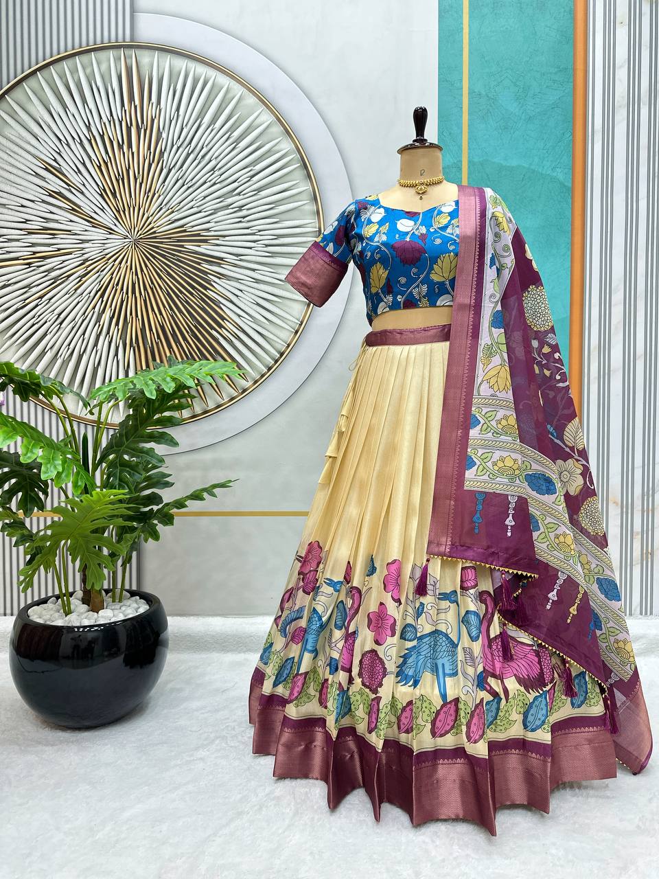 Dola Silk Lehenga Choli with Kalamkari Print & Designer Blouse