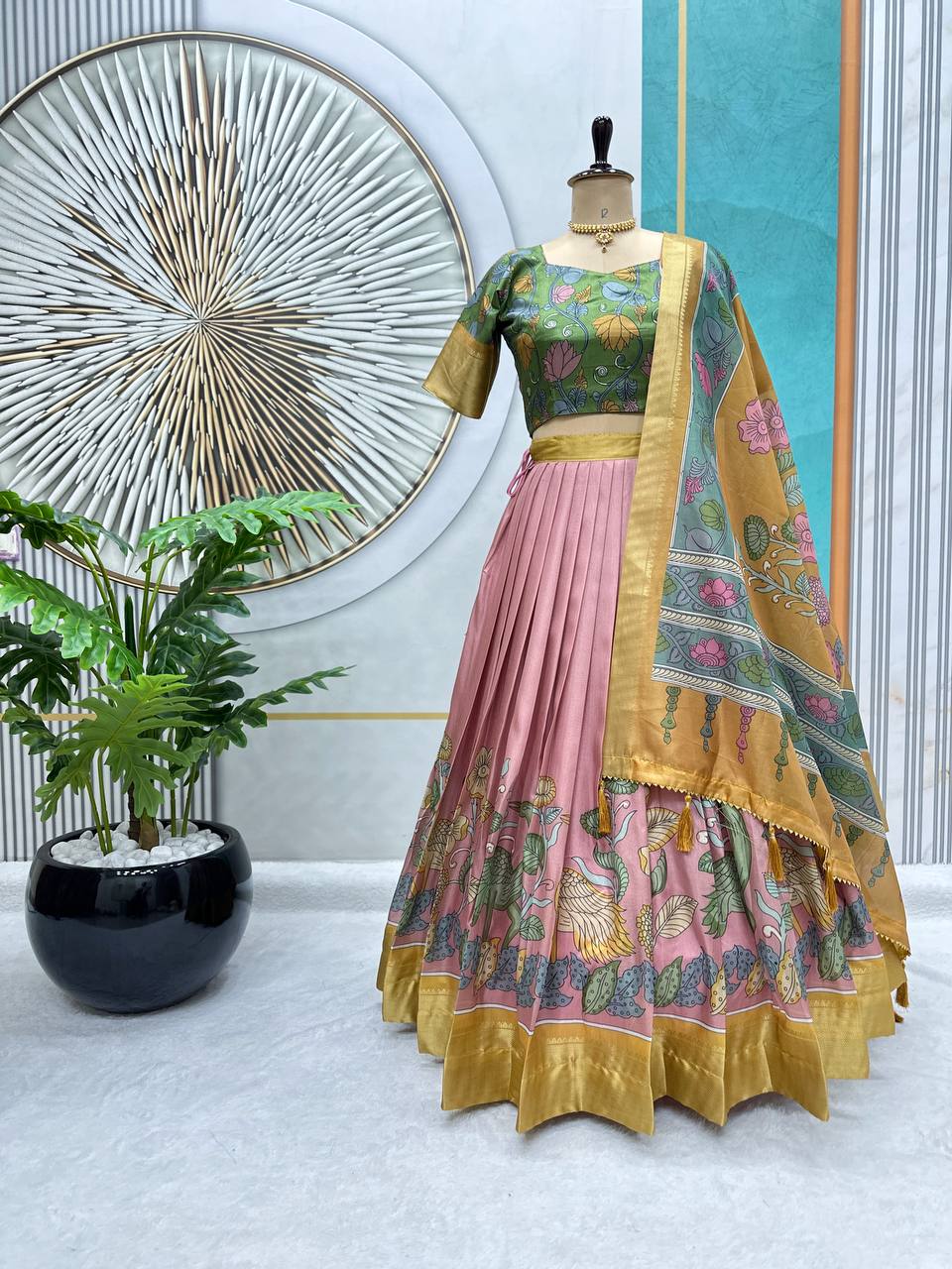 Dola Silk Lehenga Choli with Kalamkari Print & Designer Blouse