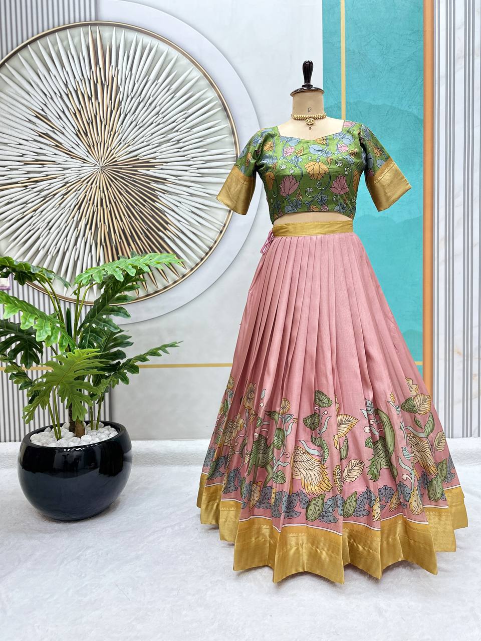 Dola Silk Lehenga Choli with Kalamkari Print & Designer Blouse