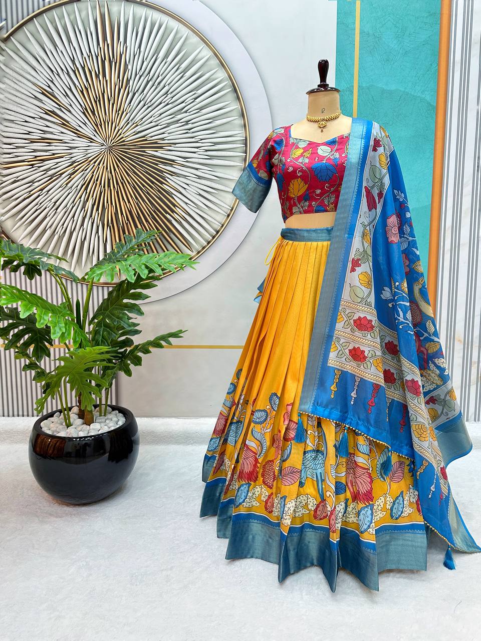 Dola Silk Lehenga Choli with Kalamkari Print & Designer Blouse