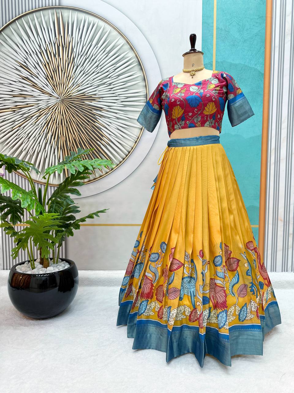 Dola Silk Lehenga Choli with Kalamkari Print & Designer Blouse