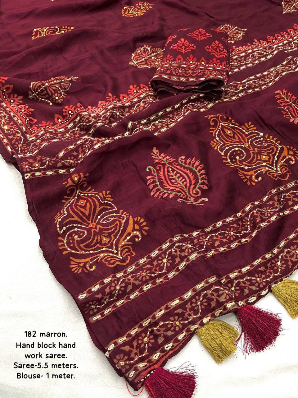 Pure Chanderi Cotton with Hand Block Prints Ajrakh Hand Work Saree