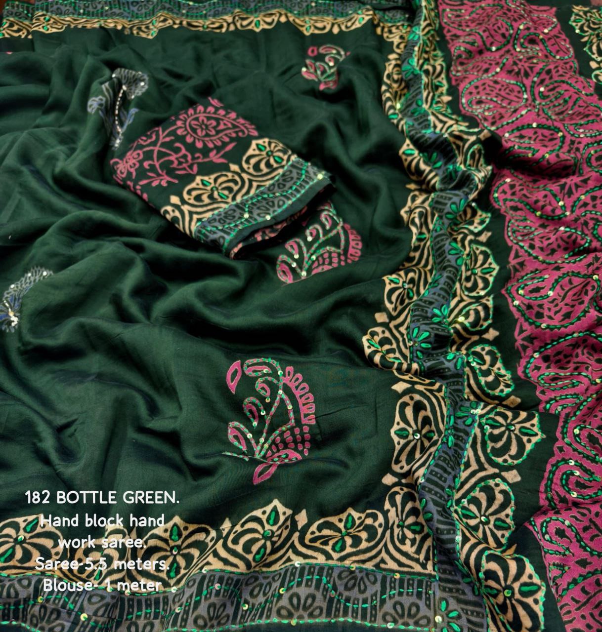 Pure Chanderi Cotton with Hand Block Prints Ajrakh Hand Work Saree