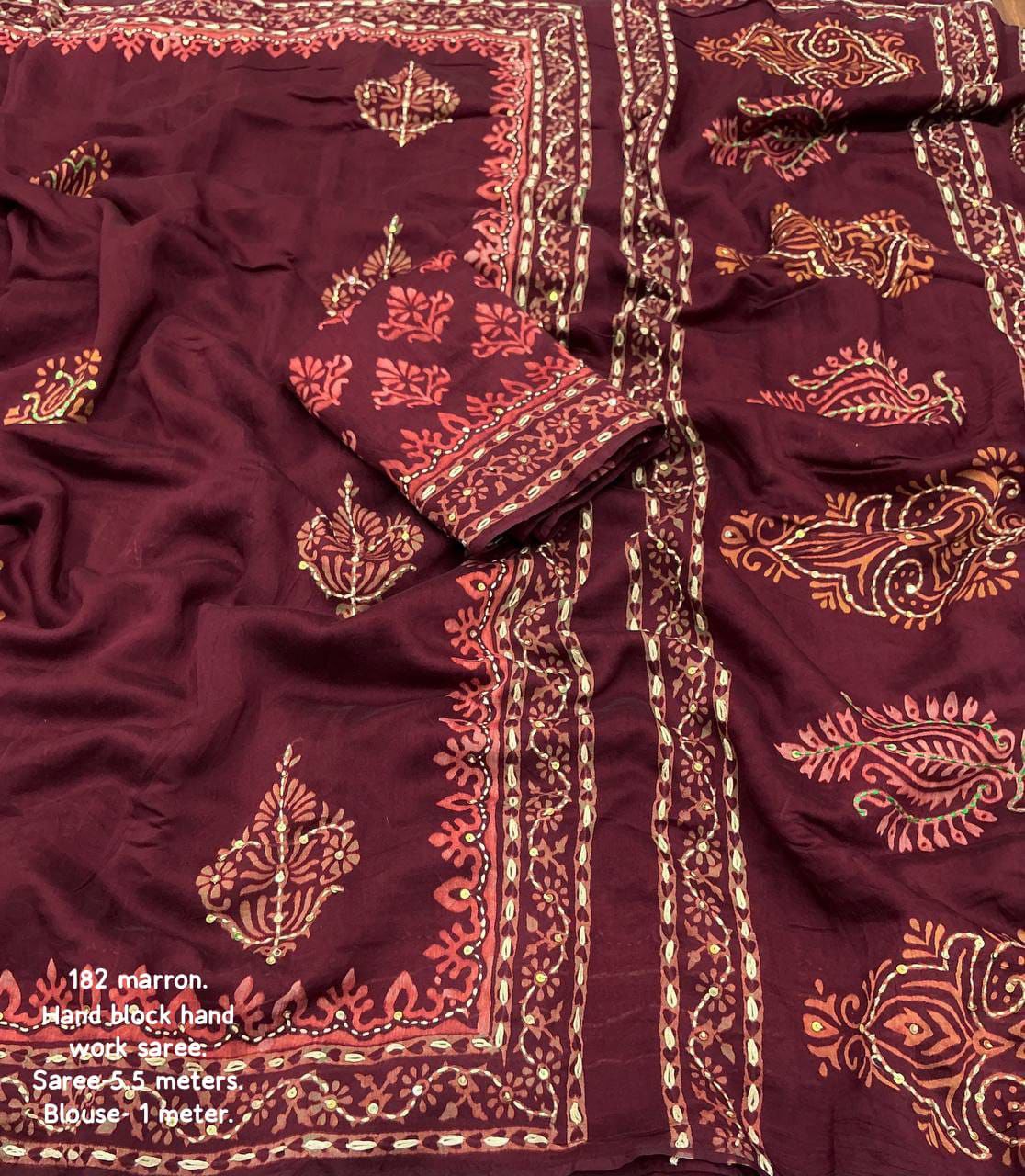 Pure Chanderi Cotton with Hand Block Prints Ajrakh Hand Work Saree