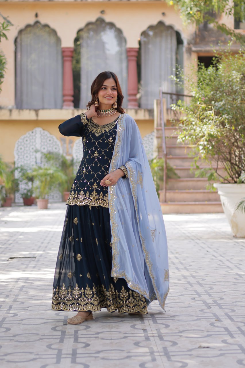 Premium Designer Readymade Kurti-Plazzo-Dupatta Set with Sequins Embroidered Work