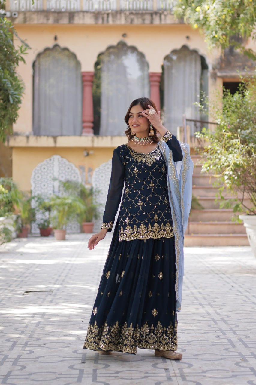 Premium Designer Readymade Kurti-Plazzo-Dupatta Set with Sequins Embroidered Work