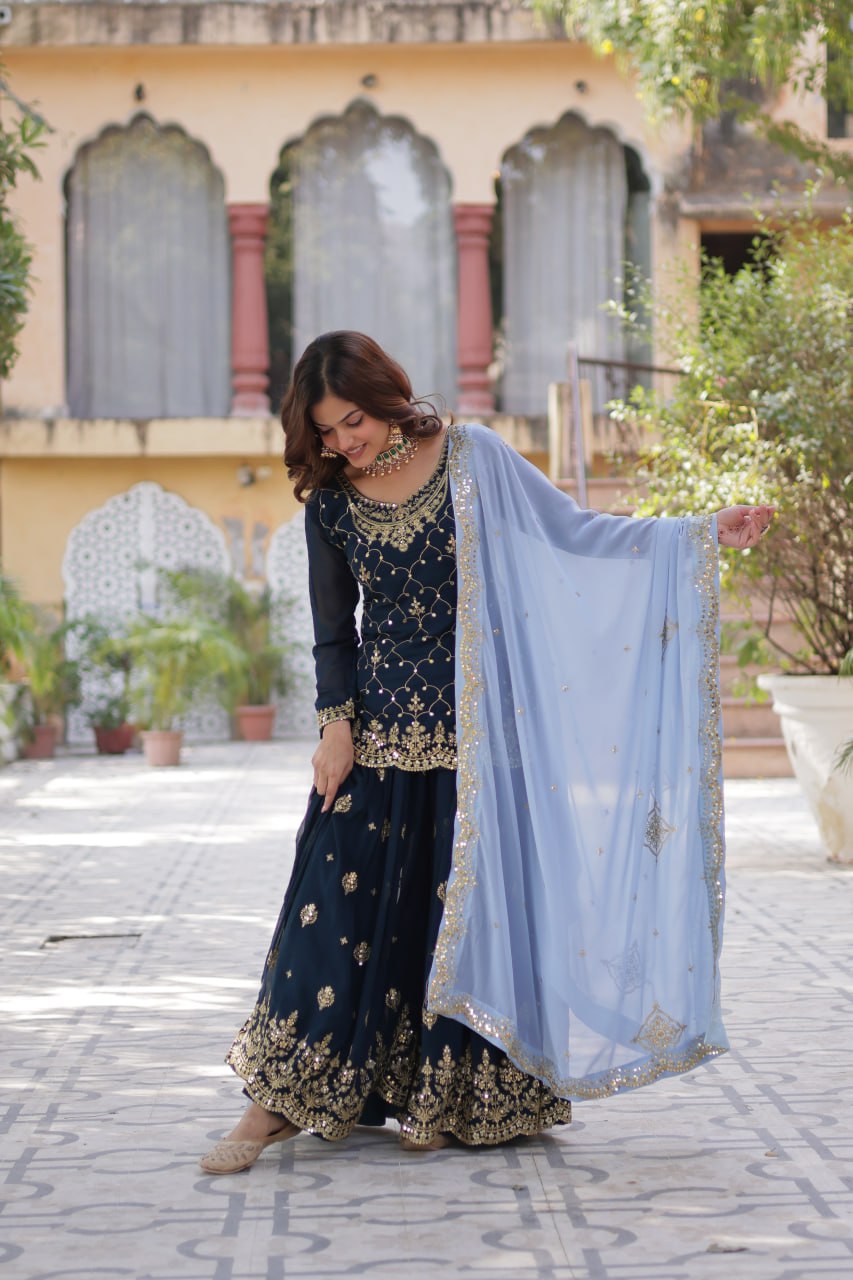 Premium Designer Readymade Kurti-Plazzo-Dupatta Set with Sequins Embroidered Work