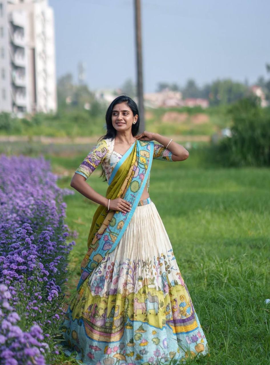 Off White Kalamkari Cotton Lehenga Choli Set