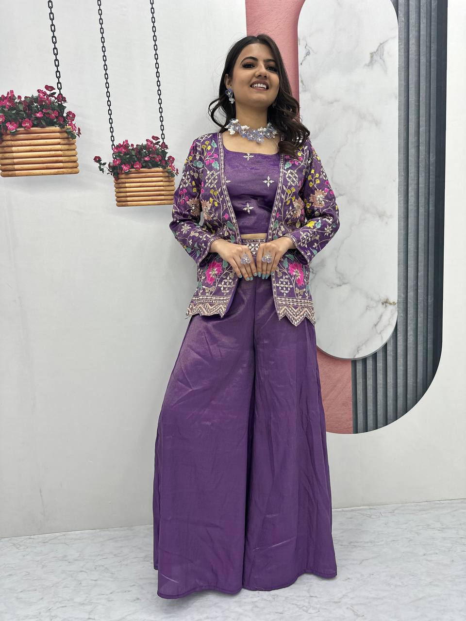 Embroidery Work Pure Tissue Simmer Fabric Palazzo Pair Set with Shrug