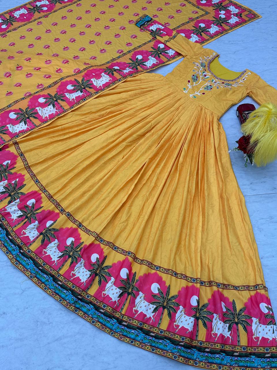 Embroidery Work Kalamkari Printed Cotton Gown with Dupatta