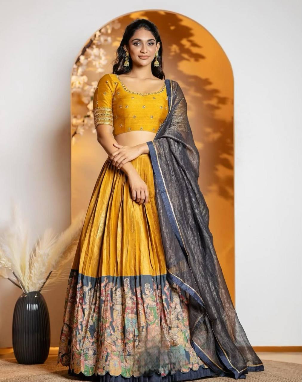 Elegant Kalamkari Print Lehenga Choli Set with Embroidery Work