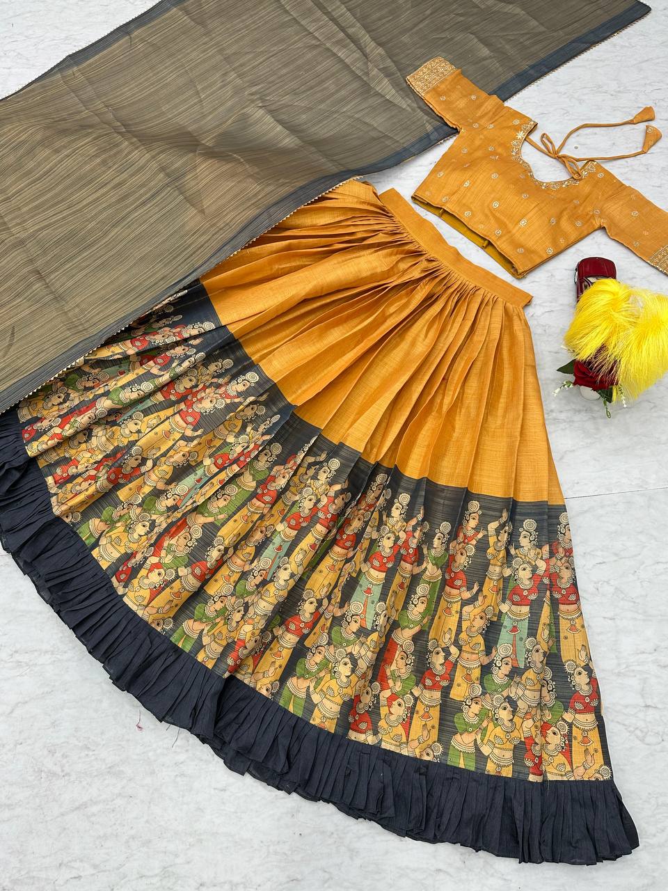 Elegant Kalamkari Print Lehenga Choli Set with Embroidery Work