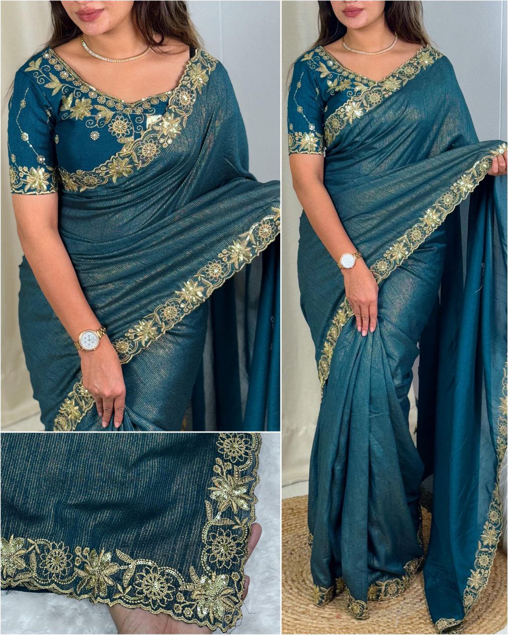 Zari Embroidery & Sequin Work Mysore Cotton Slub Saree with Blouse