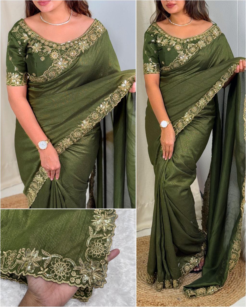 Zari Embroidery & Sequin Work Mysore Cotton Slub Saree with Blouse