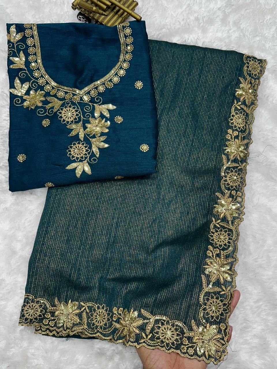 Zari Embroidery & Sequin Work Mysore Cotton Slub Saree with Blouse