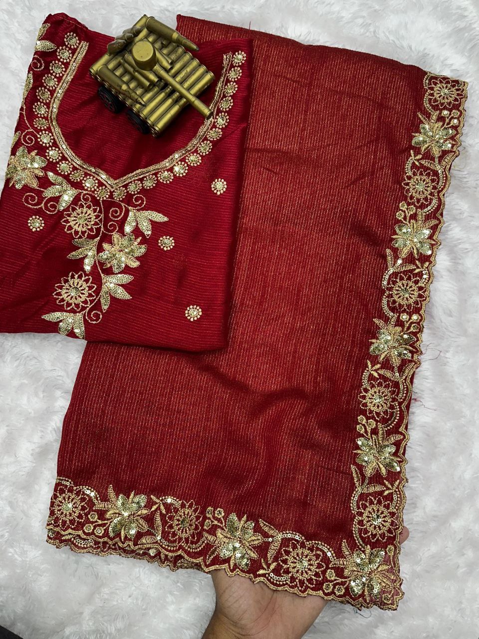 Zari Embroidery & Sequin Work Mysore Cotton Slub Saree with Blouse