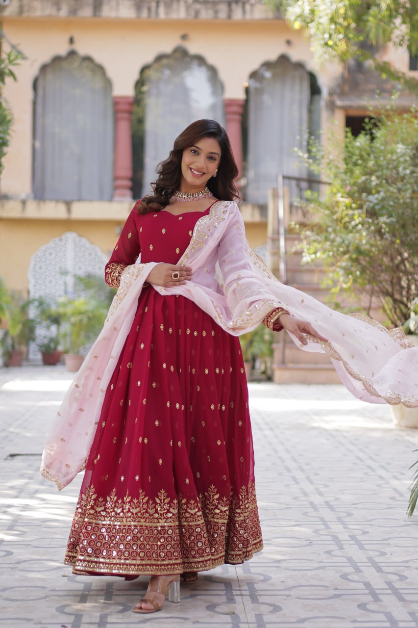 Elegant Faux Blooming Fabric & Embroidery Work Premium Designer Readymade Gown with Dupatta