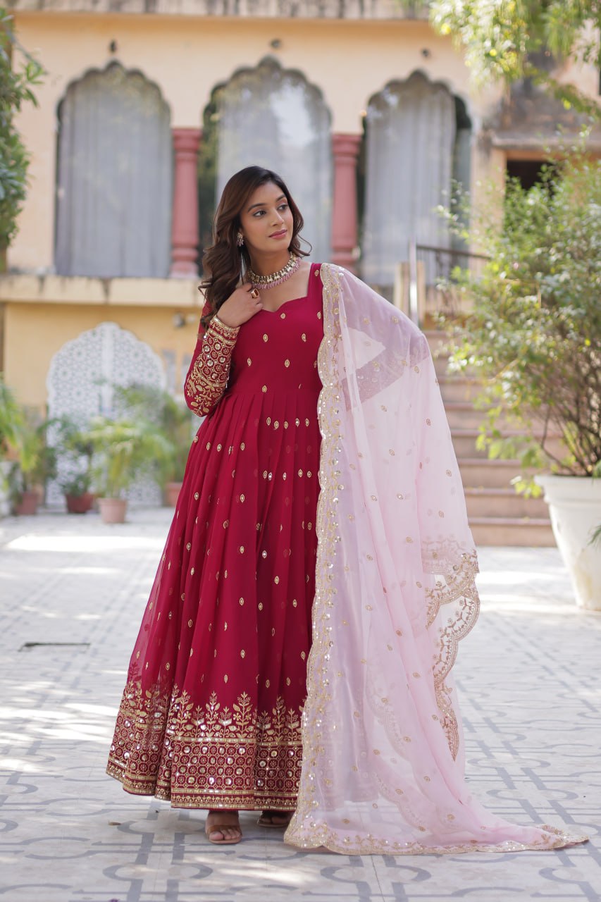 Elegant Faux Blooming Fabric & Embroidery Work Premium Designer Readymade Gown with Dupatta