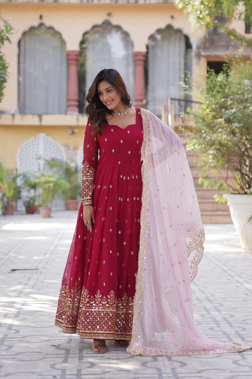 Elegant Faux Blooming Fabric & Embroidery Work Premium Designer Readymade Gown with Dupatta