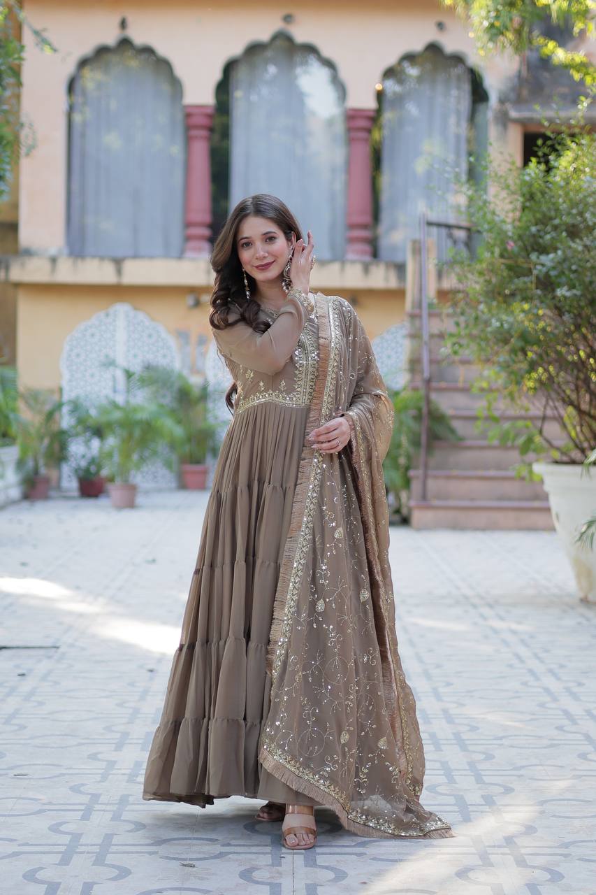 Premium Readymade Star Georgette Gown with Designer Embroidered Dupatta