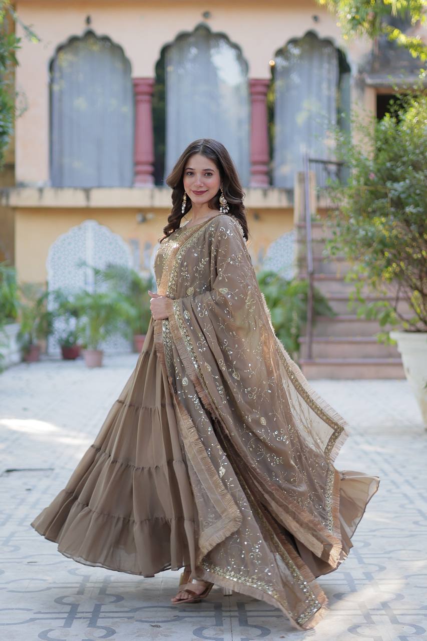 Premium Readymade Star Georgette Gown with Designer Embroidered Dupatta