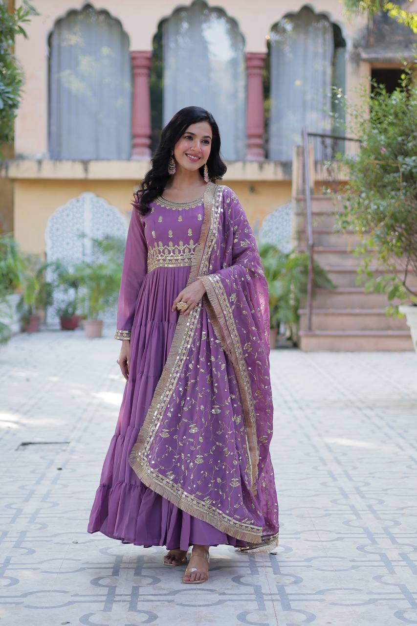 Premium Readymade Star Georgette Gown with Designer Embroidered Dupatta