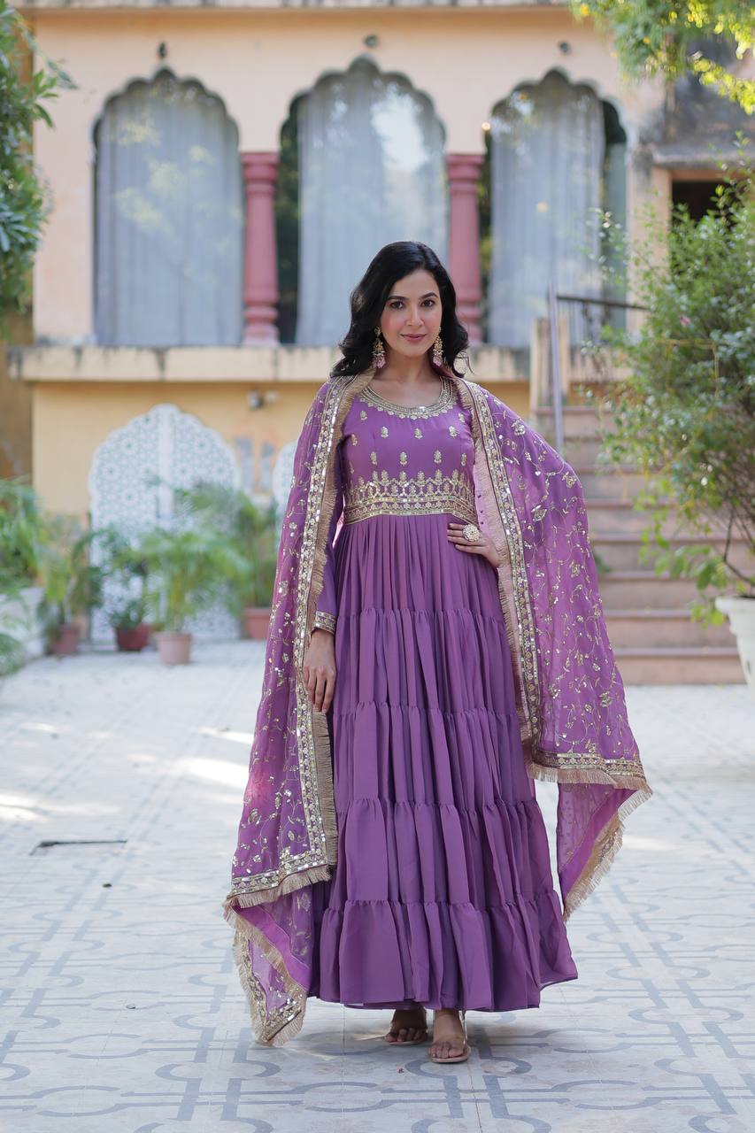 Premium Readymade Star Georgette Gown with Designer Embroidered Dupatta