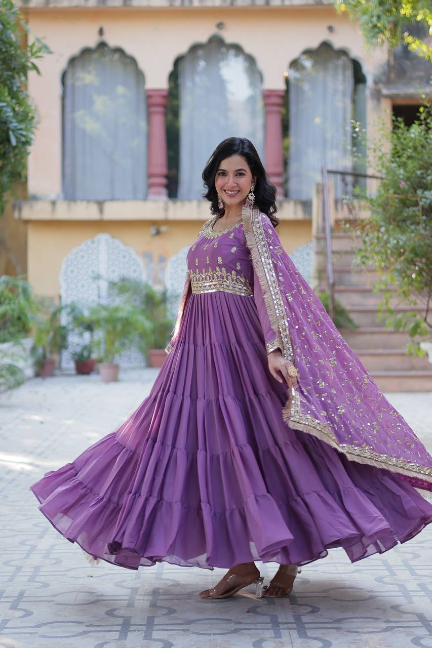 Premium Readymade Star Georgette Gown with Designer Embroidered Dupatta