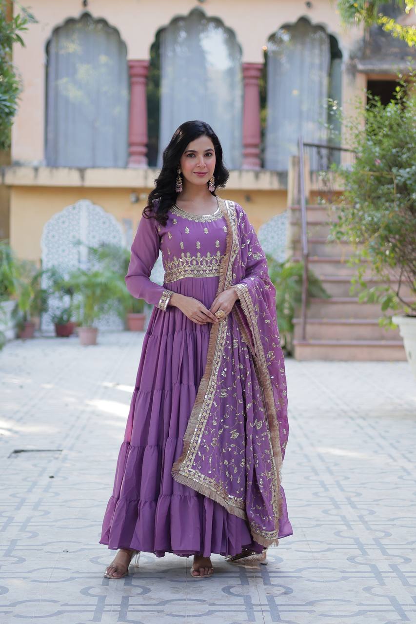 Premium Readymade Star Georgette Gown with Designer Embroidered Dupatta