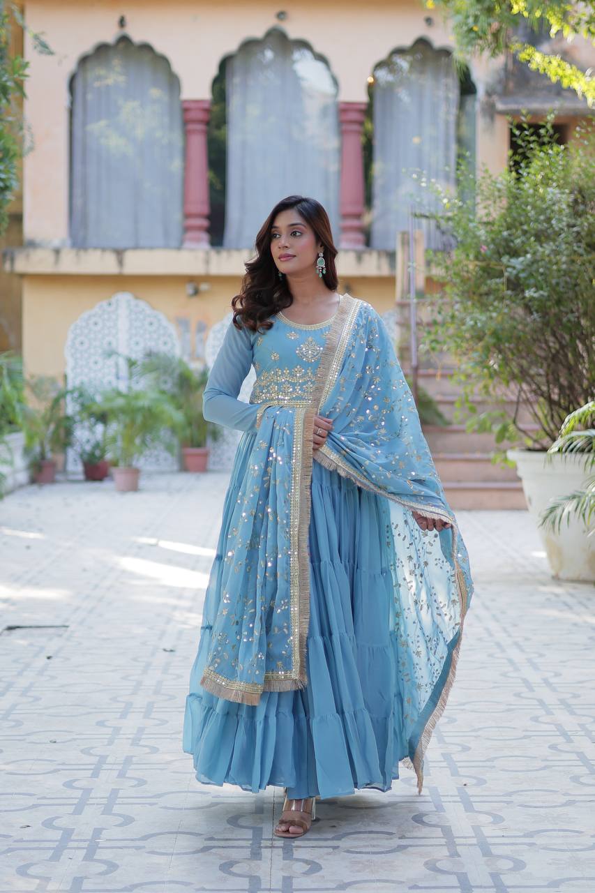 Premium Readymade Star Georgette Gown with Designer Embroidered Dupatta