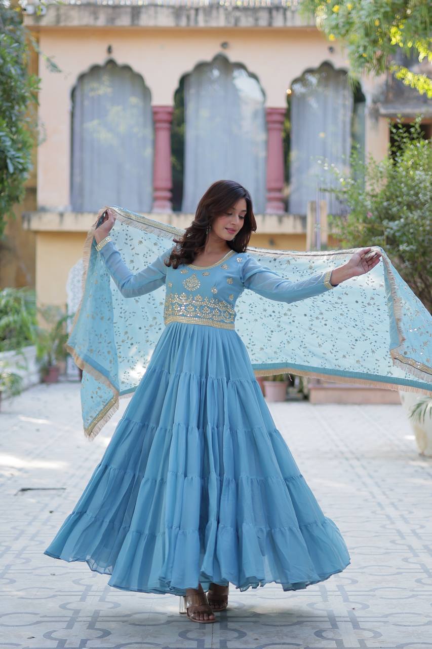 Premium Readymade Star Georgette Gown with Designer Embroidered Dupatta