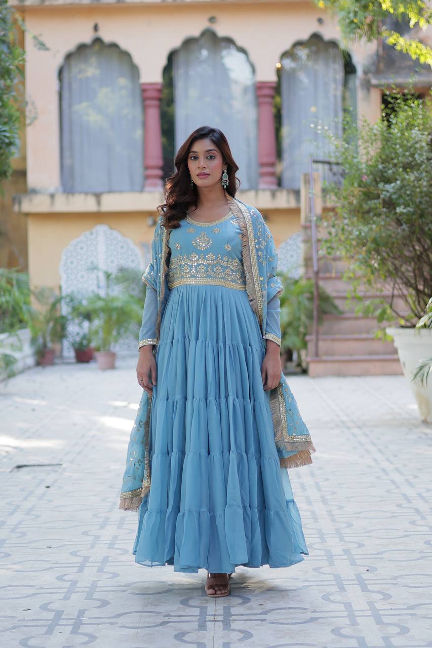 Premium Readymade Star Georgette Gown with Designer Embroidered Dupatta