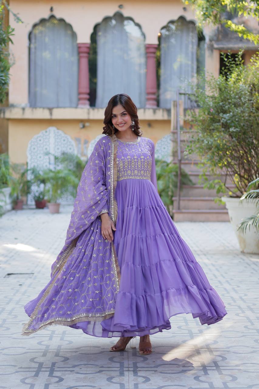 Premium Readymade Star Georgette Gown with Designer Embroidered Dupatta