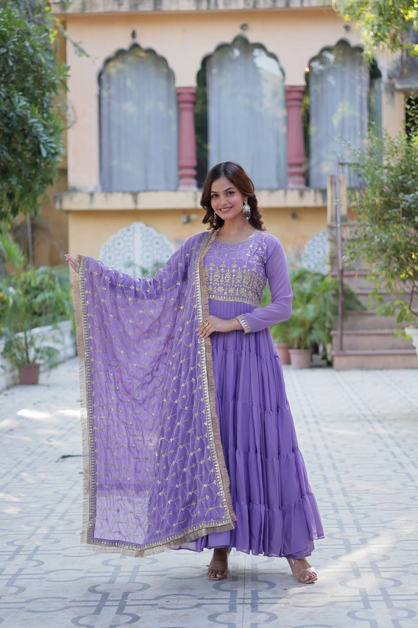 Premium Readymade Star Georgette Gown with Designer Embroidered Dupatta