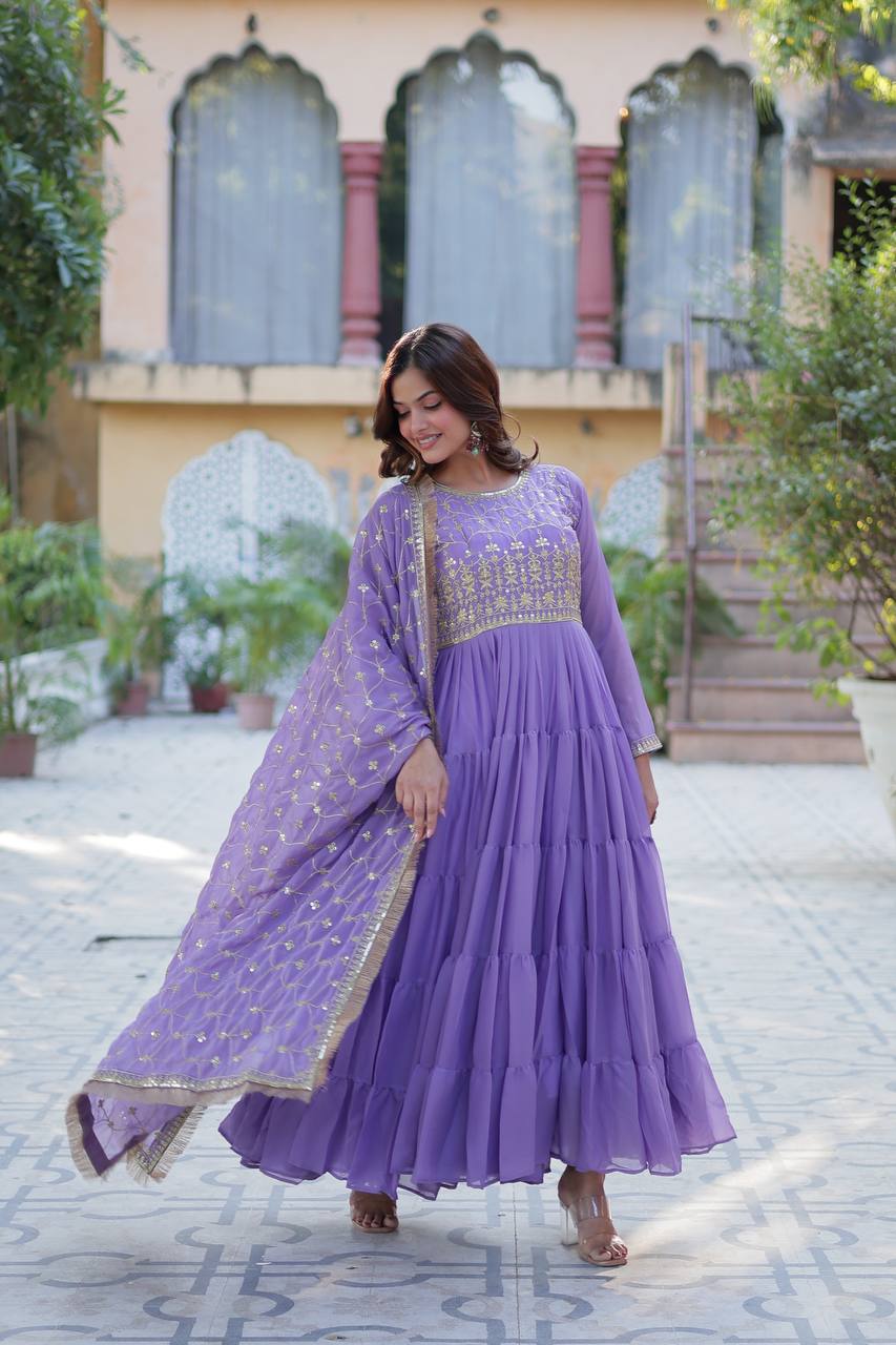 Premium Readymade Star Georgette Gown with Designer Embroidered Dupatta