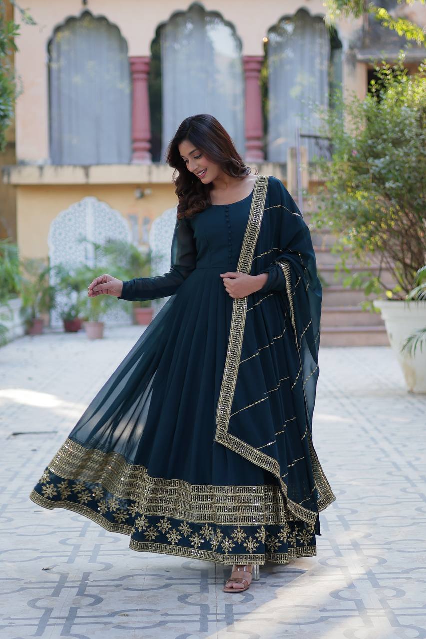 Multi-Sequins Embroidered Work Elegant Faux Blooming Gown with Dupatta