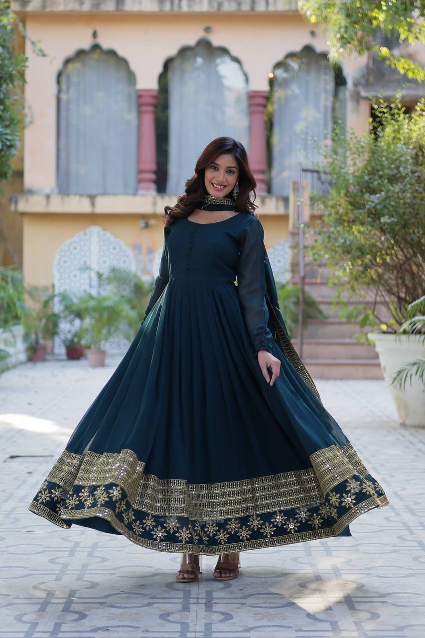 Multi-Sequins Embroidered Work Elegant Faux Blooming Gown with Dupatta