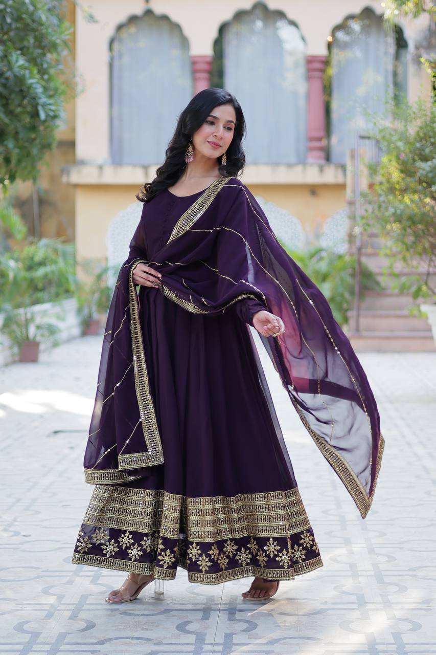 Multi-Sequins Embroidered Work Elegant Faux Blooming Gown with Dupatta