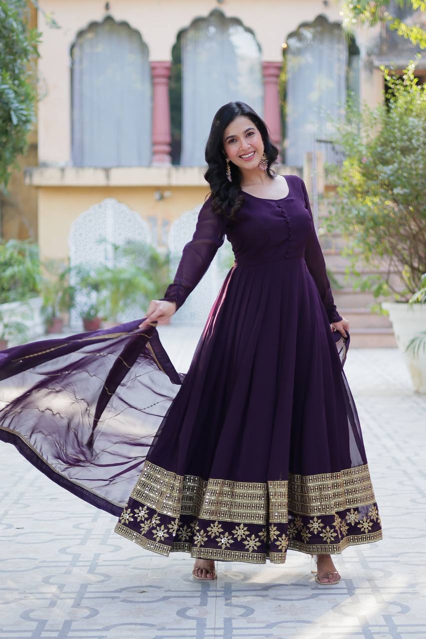 Multi-Sequins Embroidered Work Elegant Faux Blooming Gown with Dupatta