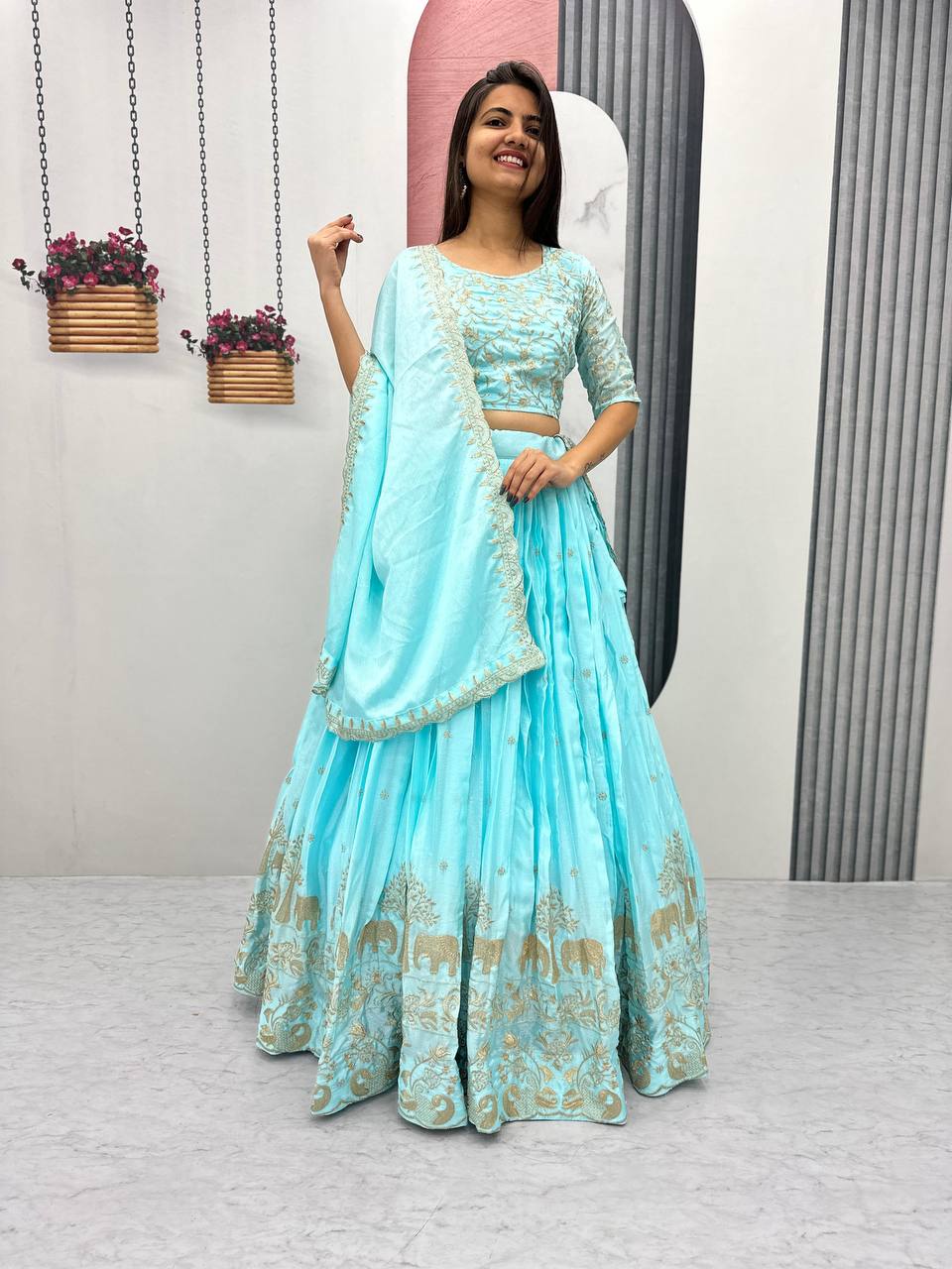 Embroidery Thread Work Chinon Fabric Lehenga Choli Set