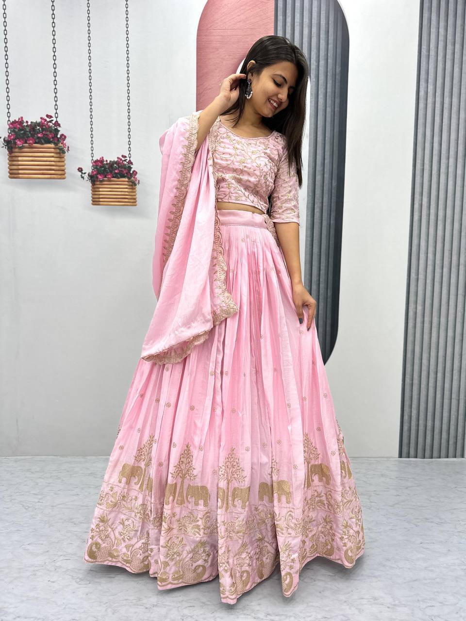 Embroidery Thread Work Chinon Fabric Lehenga Choli Set