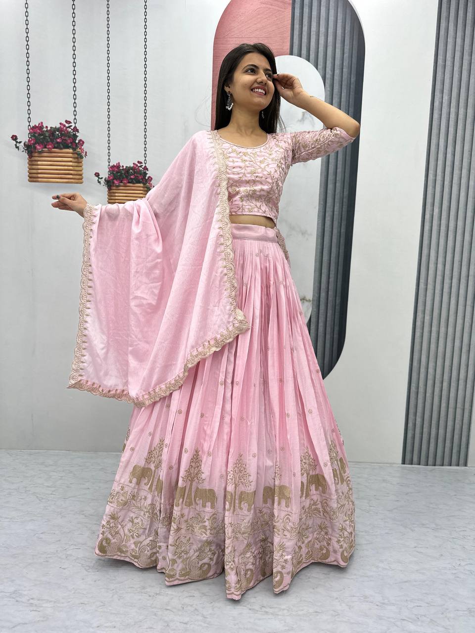 Embroidery Thread Work Chinon Fabric Lehenga Choli Set