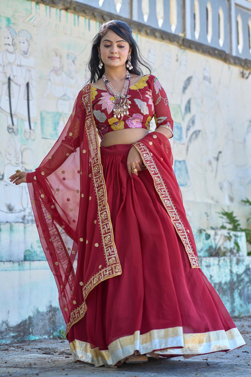 Classical Maroon Embroidery Lehenga Set