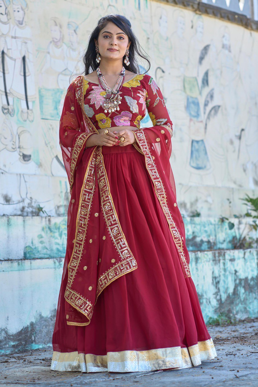 Classical Maroon Embroidery Lehenga Set