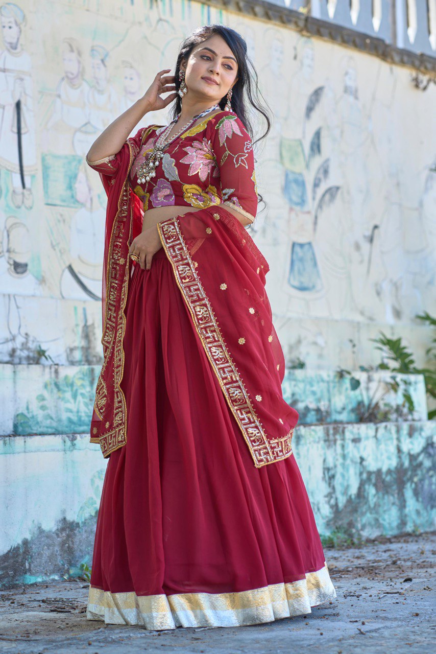 Classical Maroon Embroidery Lehenga Set