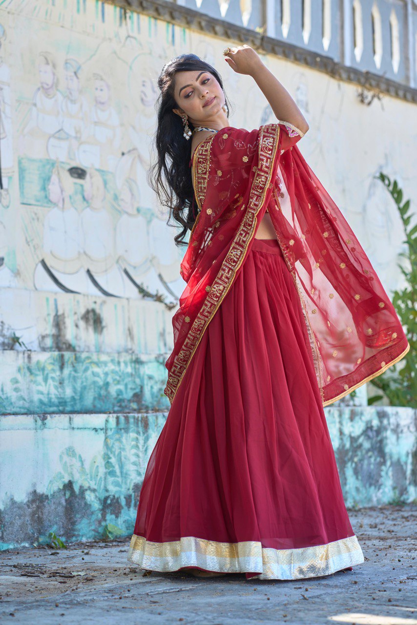 Classical Maroon Embroidery Lehenga Set