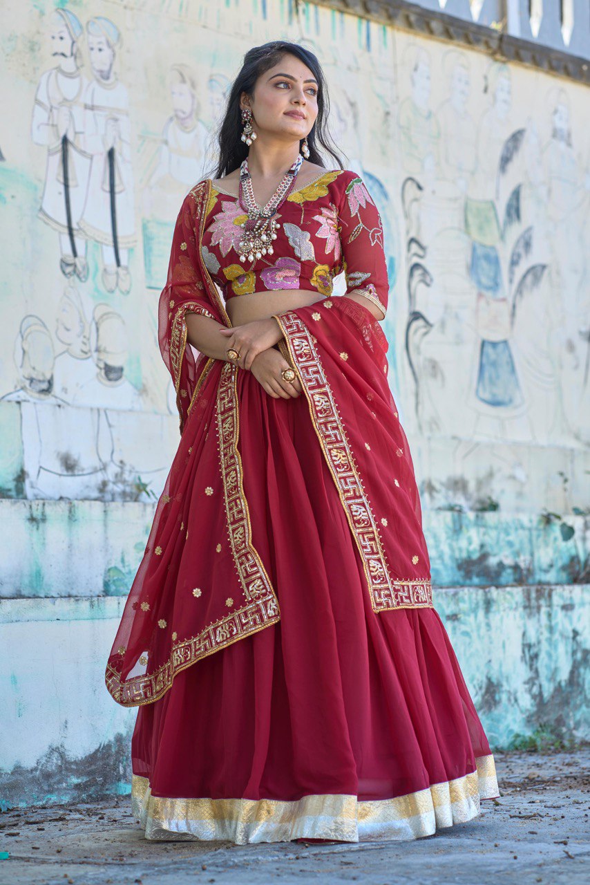 Classical Maroon Embroidery Lehenga Set