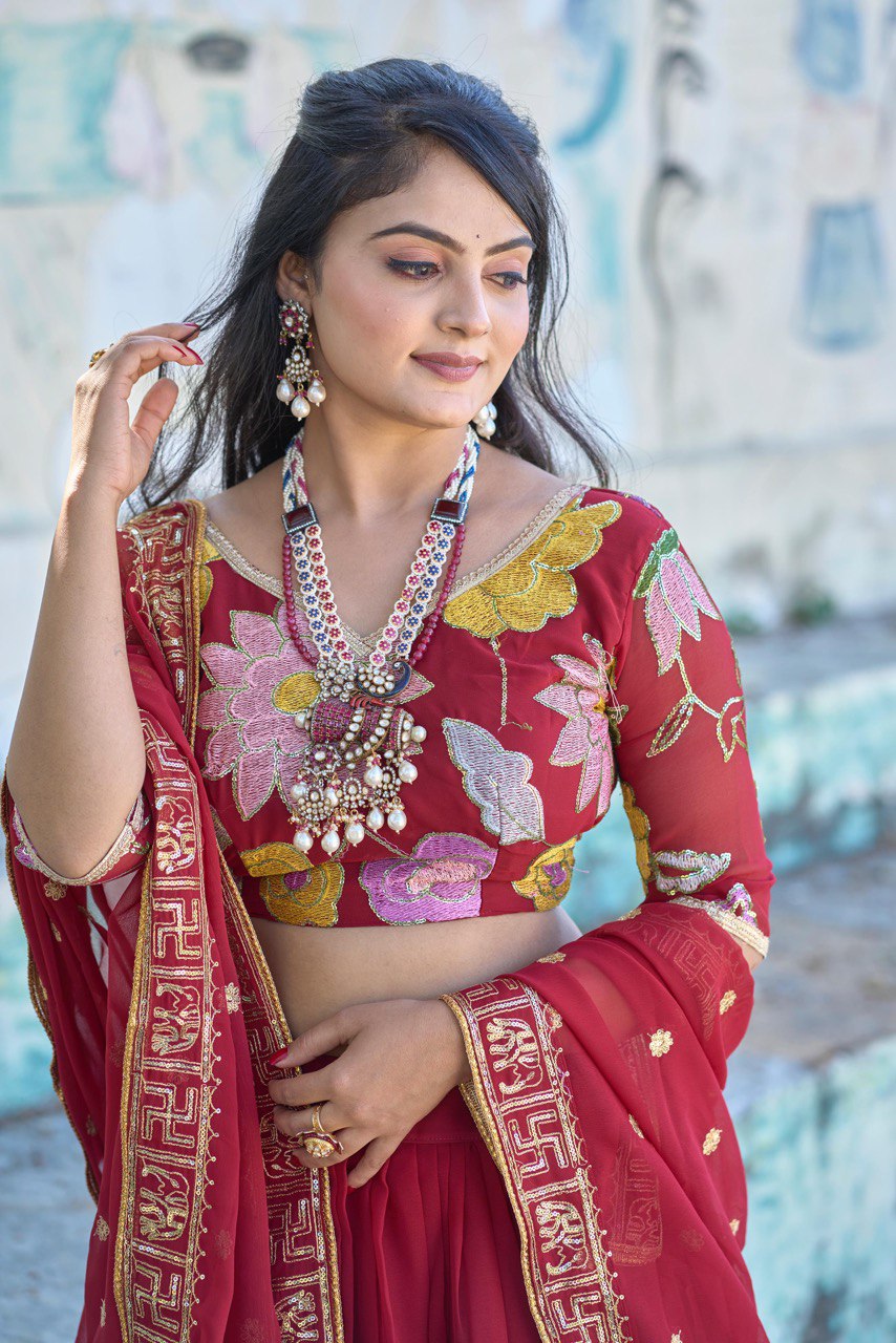 Classical Maroon Embroidery Lehenga Set