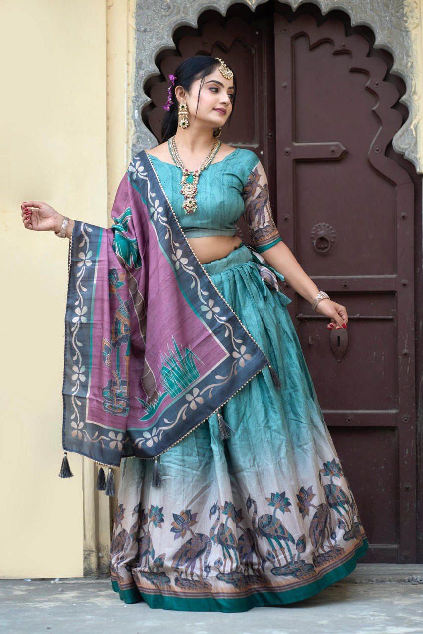 Designer Kalamkari Rama Color Pure Manipuri Silk Lehenga Set