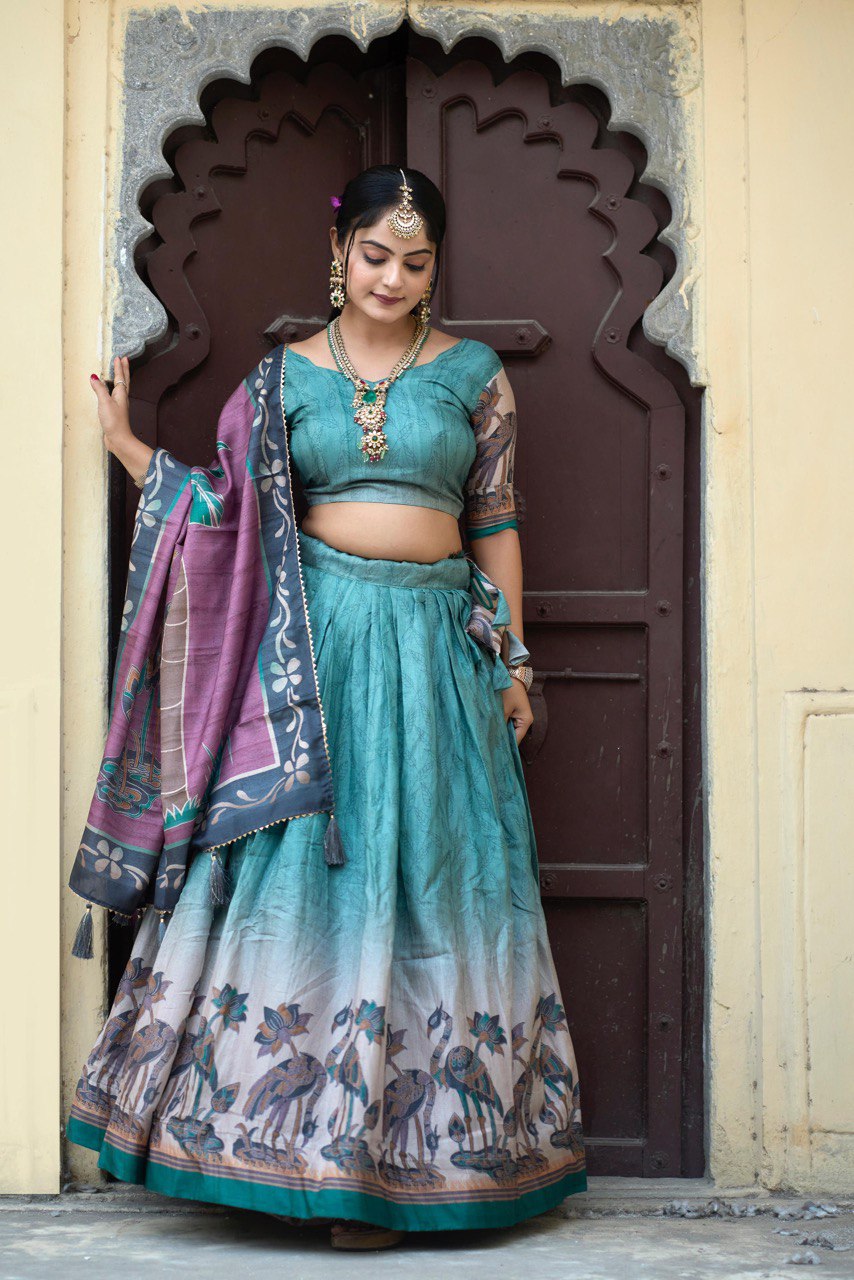 Designer Kalamkari Rama Color Pure Manipuri Silk Lehenga Set